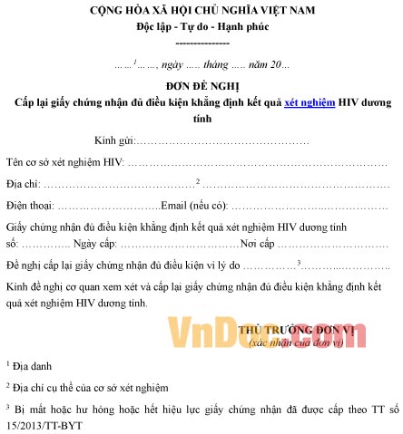 Mẫu đơn xin cấp lại giấy chứng nhận đủ điều kiện khẳng định kết quả xét nghiệm HIV
