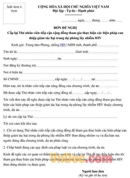 Mẫu đơn xin cấp lại thẻ nhân viên tham gia công tác dự phòng lây nhiễm HIV