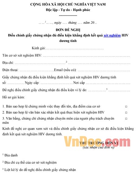 Mẫu đơn xin điều chỉnh giấy chứng nhận đủ điều kiện khẳng định kết quả xét nghiệm HIV