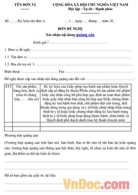 Mẫu đơn xin xác nhận nội dung quảng cáo