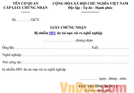 Mẫu giấy chứng nhận về việc bị nhiễm HIV do tai nạn rủi ro nghề nghiệp
