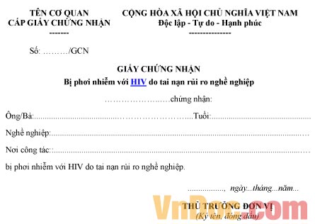 Mẫu giấy chứng nhận về việc bị phơi nhiễm với HIV do tai nạn rủi ro nghề nghiệp