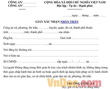 Mẫu giấy xác nhận về nhân thân