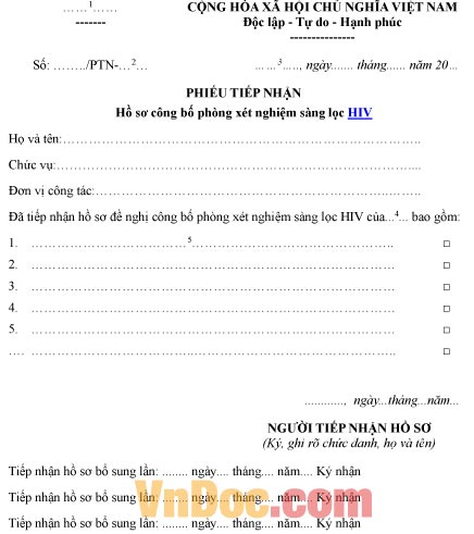 Mẫu phiếu ghi chép về việc tiếp nhận hồ sơ công bố phòng xét nghiệm sàng lọc HIV