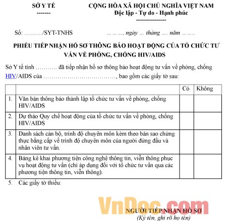 Mẫu phiếu tiếp nhận hồ sơ về việc thông báo hoạt động của tổ chức tư vấn phòng chống HIV/AIDS