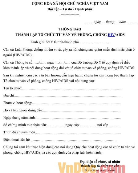 Mẫu thông báo về việc thành lập tổ chức tư vấn về phòng, chống HIV/AIDS
