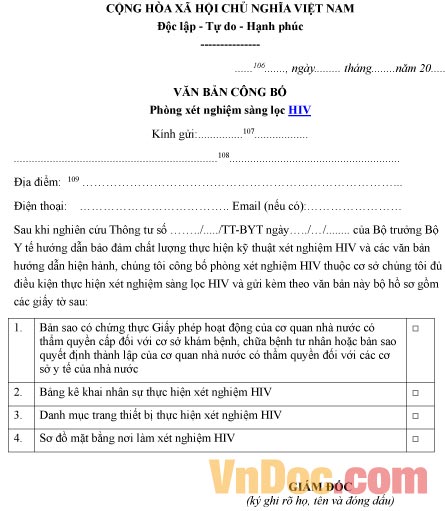 Mẫu văn bản công bố về phòng xét nghiệm sàng lọc HIV