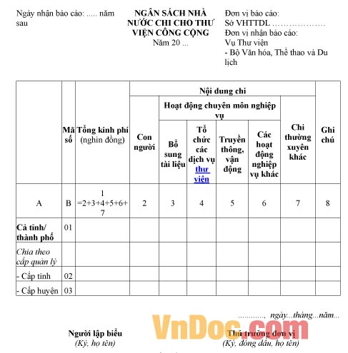 Mẫu báo cáo thống kê ngân sách nhà nước chi cho thư viện công cộng