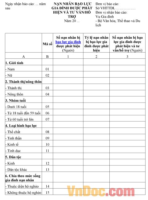 Mẫu báo cáo thống kê số nạn nhân bạo lực gia đình được phát hiện và tư vấn hỗ trợ