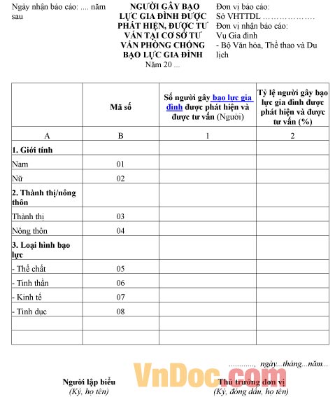 Mẫu báo cáo thống kê số người gây bạo lực gia đình được phát hiện và tư vấn