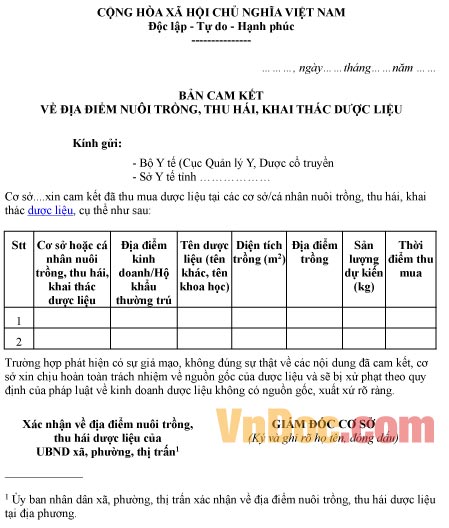 Mẫu bản cam kết về địa điểm nuôi trồng, thu hái dược liệu