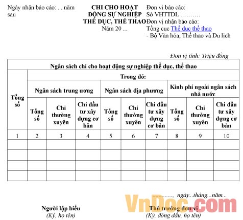 Mẫu báo cáo thống kê chi cho hoạt động sự nghiệp thể dục, thể thao