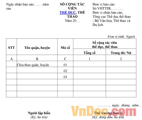 Mẫu báo cáo thống kê số cộng tác viên thể dục, thể thao