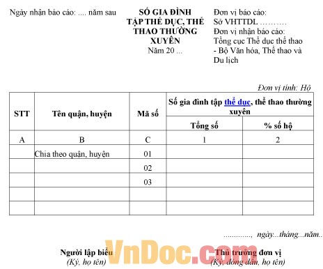 Mẫu báo cáo thống kê số gia đình tập thể dục, thể thao thường xuyên