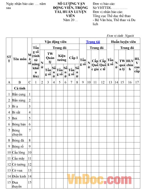 Mẫu báo cáo thống kê số lượng vận động viên, trọng tài, huấn luyện viên