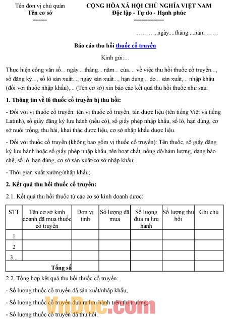 Mẫu báo cáo về việc thu hồi thuốc cổ truyền