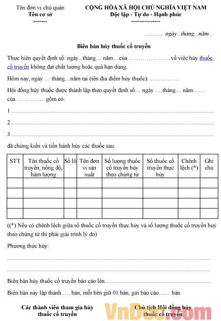 Mẫu biên bản về việc hủy thuốc cổ truyền