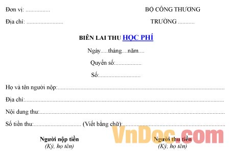 Mẫu biên lai thu tiền học phí