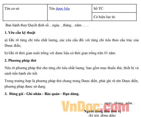 Mẫu trình bày về tiêu chuẩn cơ sở dược liệu