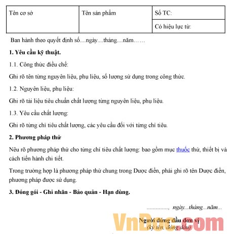 Mẫu trình bày về tiêu chuẩn cơ sở thuốc cổ truyền