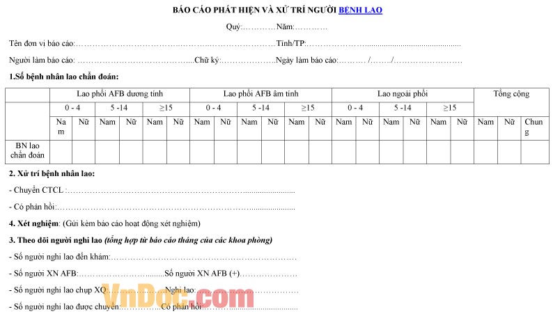 Mẫu báo cáo ghi chép phát hiện và xử trí người bệnh lao