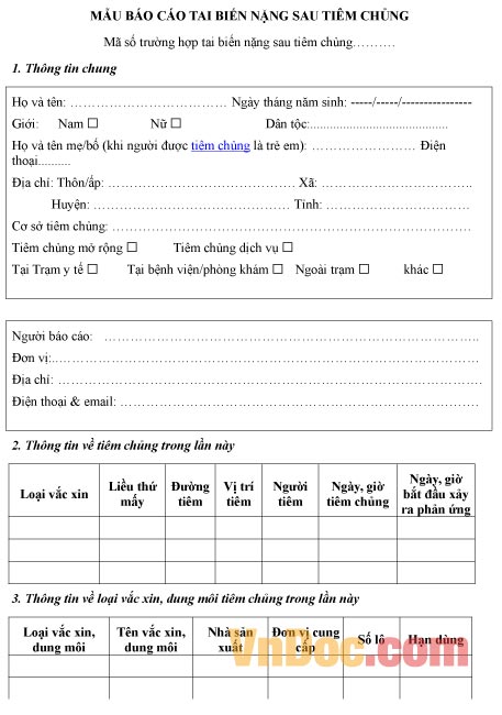 Mẫu ghi chép báo cáo tai biến nặng sau tiêm chủng
