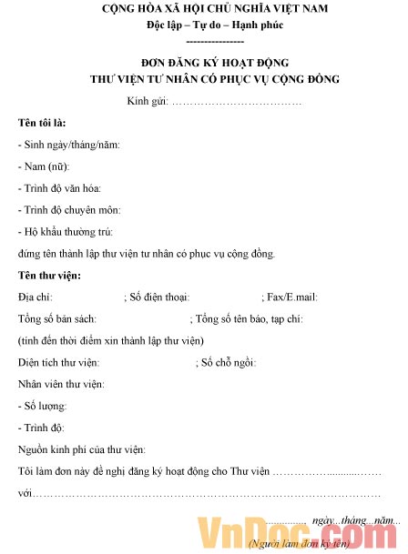 Mẫu đơn đăng ký về việc hoạt động thư viện tư nhân có phục vụ cộng đồng