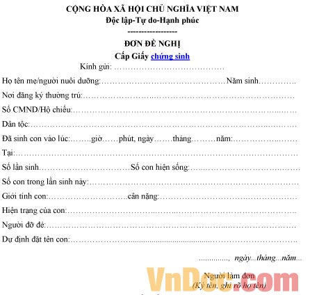 Mẫu đơn xin cấp giấy chứng sinh