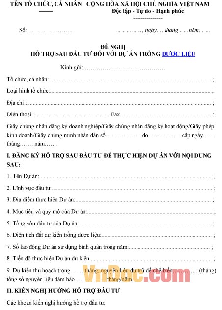 Mẫu đơn xin hỗ trợ sau đầu tư đối với dự án trồng dược liệu