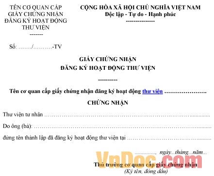 Mẫu giấy chứng nhận về việc đăng ký hoạt động thư viện