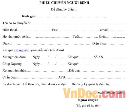 Mẫu phiếu ghi chép chuyển người bệnh