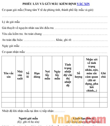 Mẫu phiếu ghi chép việc lấy và gửi mẫu kiểm định vắc xin