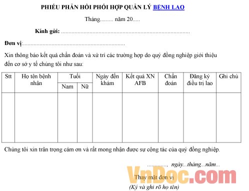 Mẫu phiếu phản hồi phối hợp quản lý bệnh lao