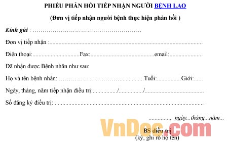 Mẫu phiếu ghi chép phản hồi tiếp nhận người bệnh lao