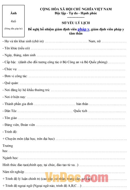 Mẫu sơ yếu lý lịch xin bổ nhiệm giám định viên pháp y tâm thần
