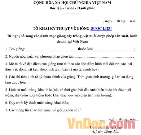 Mẫu tờ khai ghi chép kỹ thuật về giống dược liệu