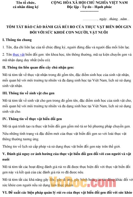 Mẫu báo cáo tóm tắt đánh giá rủi ro thực vật biến đổi gen với sức khỏe con người
