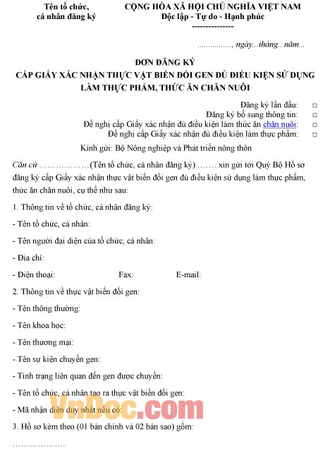 Mẫu đơn đăng ký cấp giấy xác nhận về thực vật biến đổi gen đủ điều kiện làm thức ăn chăn nuôi