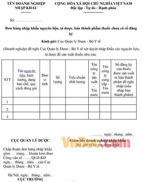Mẫu đơn hàng nhập khẩu các nguyên liệu, tá dược chưa có số đăng ký