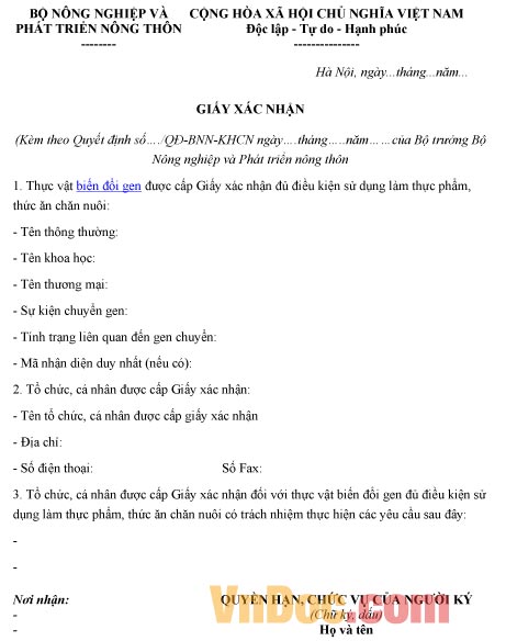 Mẫu giấy xác nhận về thực vật biến đổi gen đủ điều kiện làm thức ăn chăn nuôi
