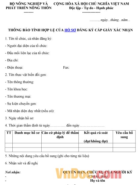 Mẫu thông báo về tính hợp lệ của hồ sơ đăng ký cấp giấy xác nhận