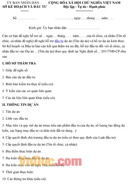 Mẫu văn bản ghi chép báo cáo kết quả thẩm tra hỗ trợ đầu tư