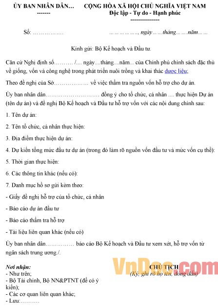 Mẫu văn bản đề nghị về việc thực hiện dự án trồng dược liệu sử dụng ngân sách trung ương