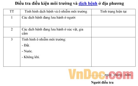 Mẫu bảng ghi chép điều tra điều kiện môi trường và dịch bệnh ở địa phương