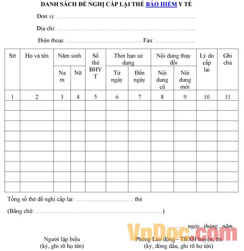 Mẫu danh sách đề nghị về việc cấp lại thẻ bảo hiểm y tế