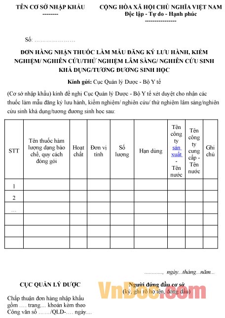 Mẫu đơn hàng ghi chép nhận thuốc làm mẫu đăng ký lưu hành, kiểm nghiệm