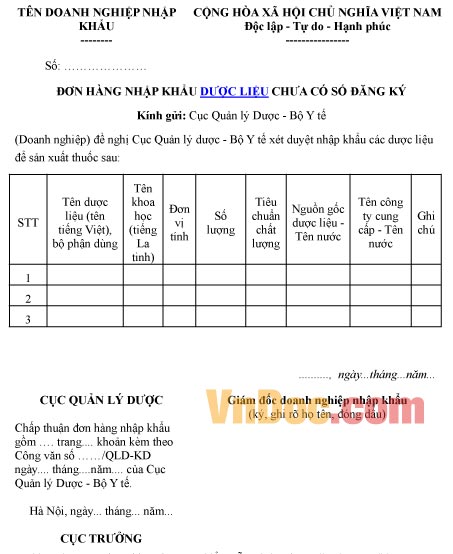 Mẫu đơn hàng ghi chép nhập khẩu dược liệu chưa có số đăng ký