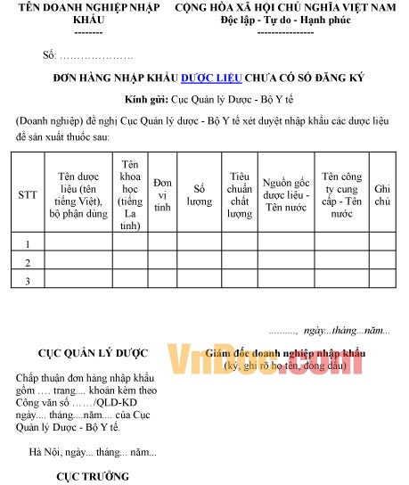 Mẫu đơn ghi chép hàng nhập khẩu nguyên liệu, bán thành phẩm chưa có số đăng ký