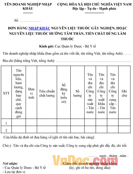 Mẫu đơn ghi chép hàng nhập khẩu nguyên liệu thuốc, tiền chất dùng làm thuốc