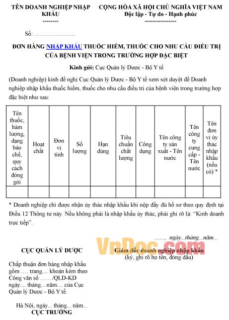 Mẫu đơn hàng ghi chép nhập khẩu thuốc hiếm